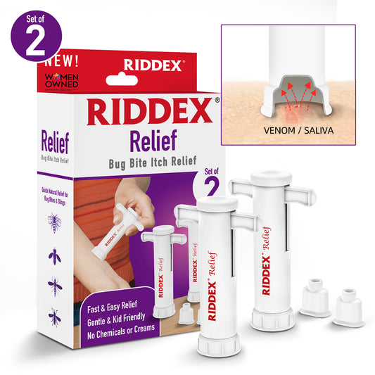 Riddex Relief 2 Pack standing next to package