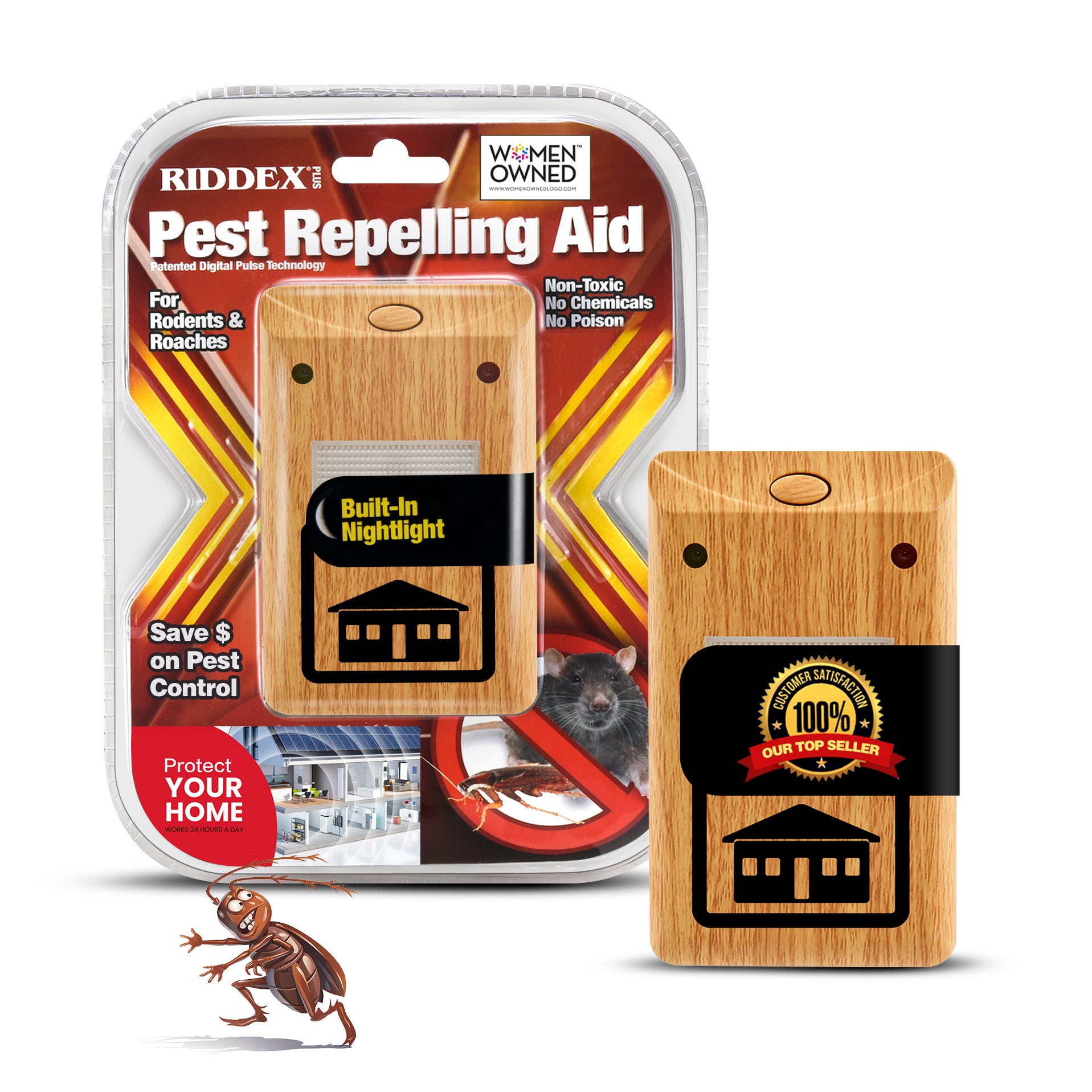 Riddex® Plus Insect Control- Plug in, Mouse Deterrent - Pest Control for Defense Against Rats, Mice, Roaches, Bugs and Insects (Wood)