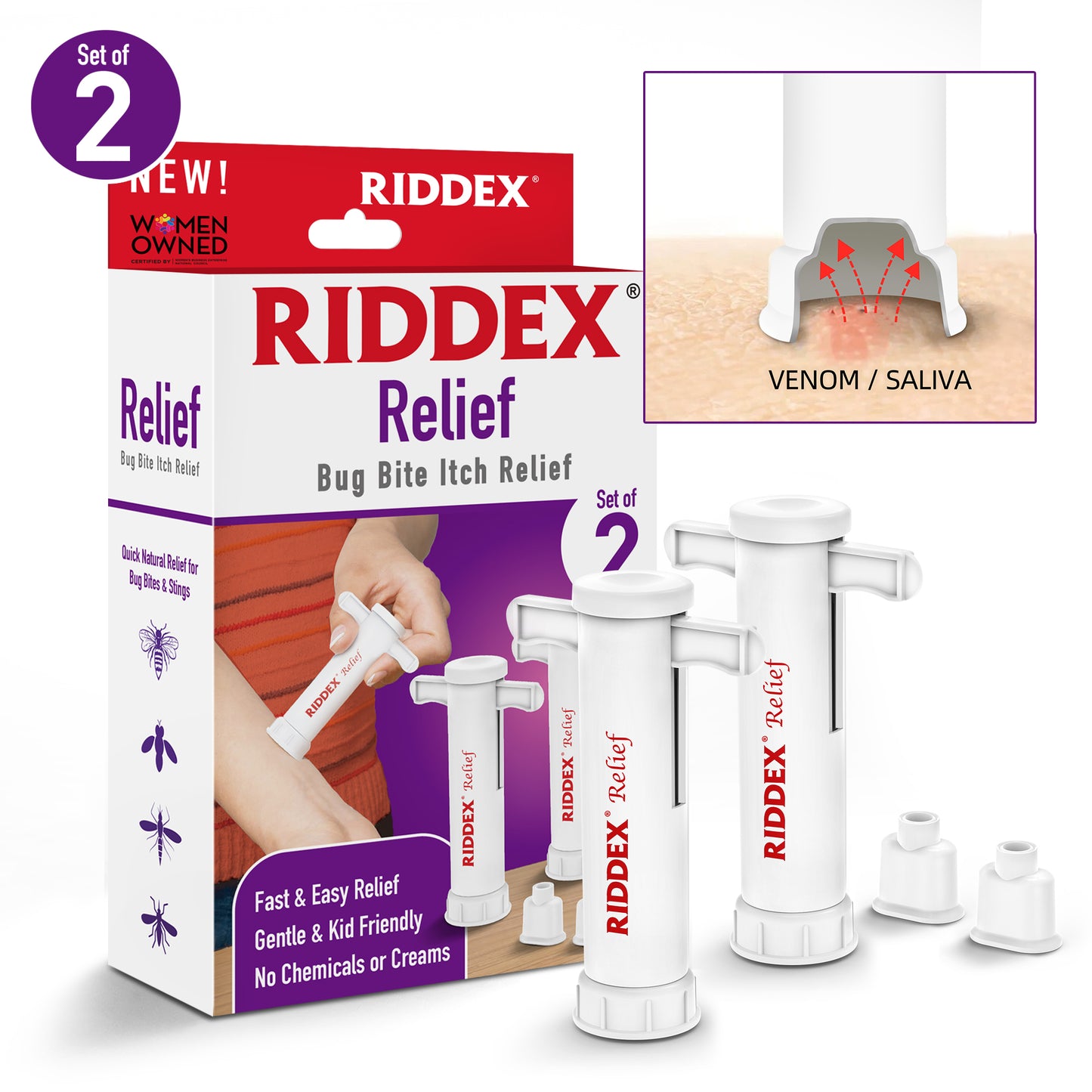 Riddex Relief 2 Pack standing next to package
