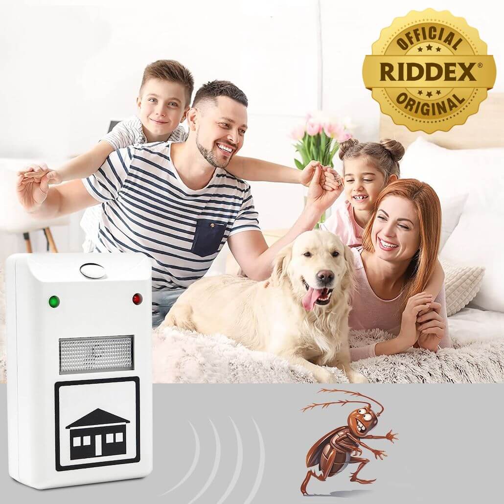 Happy family on bed with dog while Riddex protects the home from pests