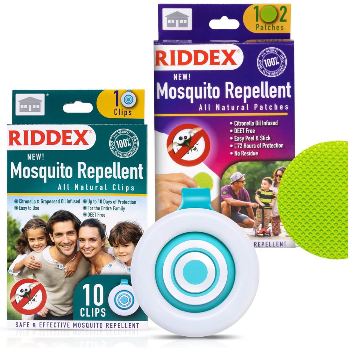 Riddex Mosquito Repellent - 10 Clip + 102 Patches bundle photo of boxes, clip and patch