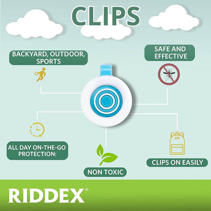 Mosquito repellent clip callouts: backyard, outdoor, sports, safe and effective, non-toxic, all day on-the-go protection, clips on easily