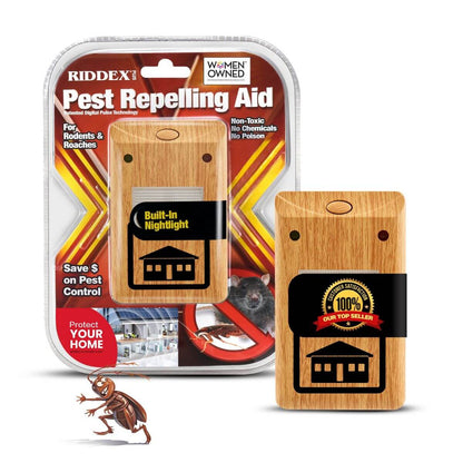 Riddex Plus Electromagnetic Pest Repeller packaging and device in wood color