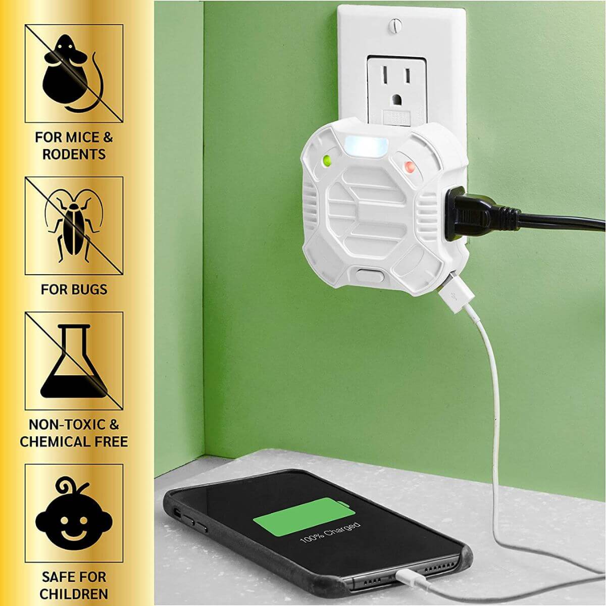Riddex X Ultrasonic Pest Repeller plugged into wall with extra outlets for a plug and charging a phone (via USB-A)