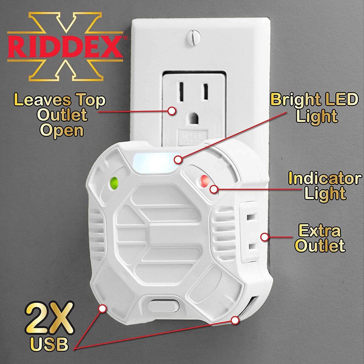 Riddex X Ultrasonic Pest Repeller leaves top outlet open, has 2 USB-A ports, an extra outlet and a bright LED nightlight